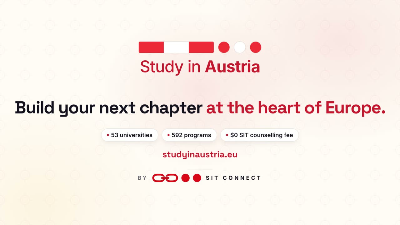 Promotional video about studying in Austria: a student pass stamped admitted, six application steps completed one by one, and student cities in Austria.